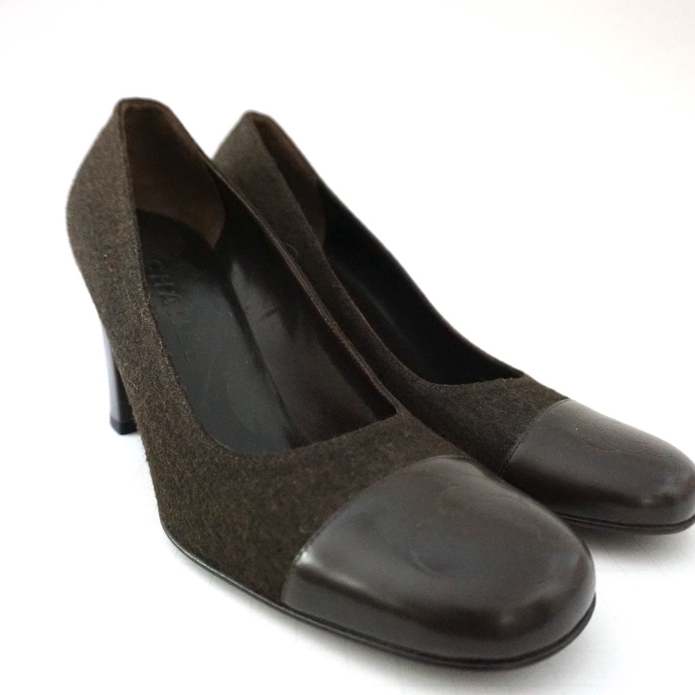 Chanel Brown Camellia Accent Cap Toe Pumps Shoes 39